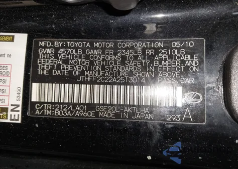 2010 Lexus Is 250C from USA, damaged, VIN JTHFF2C22A2513014